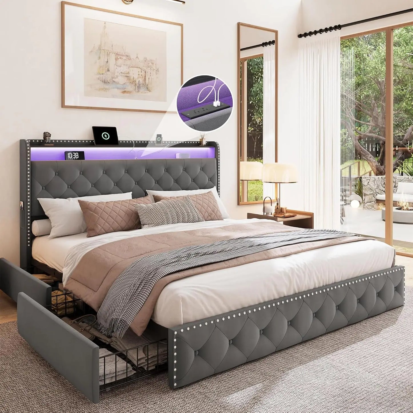 Velvet Bed Frame With LED Lighting And Storage Drawers