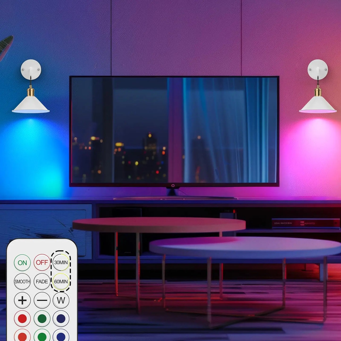PRTILOUD 2-Pack Battery Operated Wall Sconces With Remote Dimmable RGB