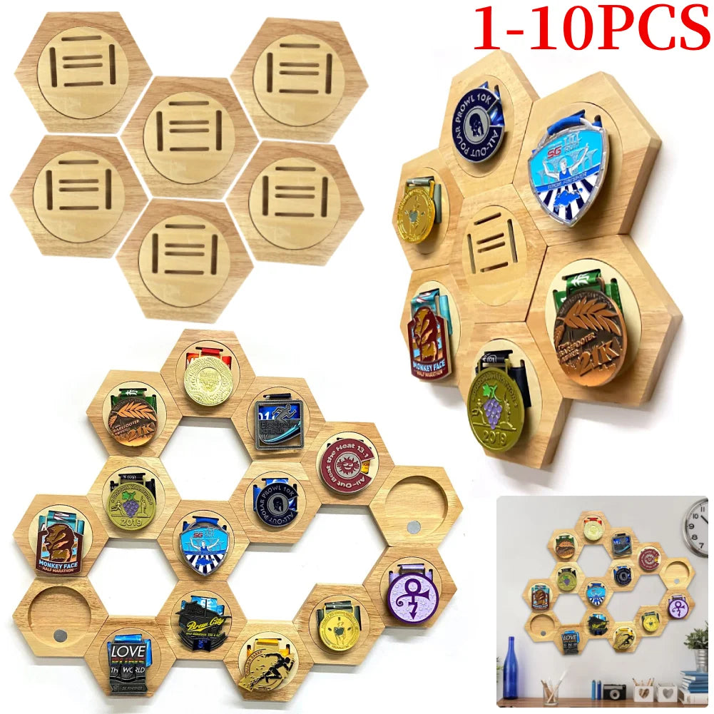 Hexagonal Honeycomb Wooden Medal Display Stand For Sports Track And Field