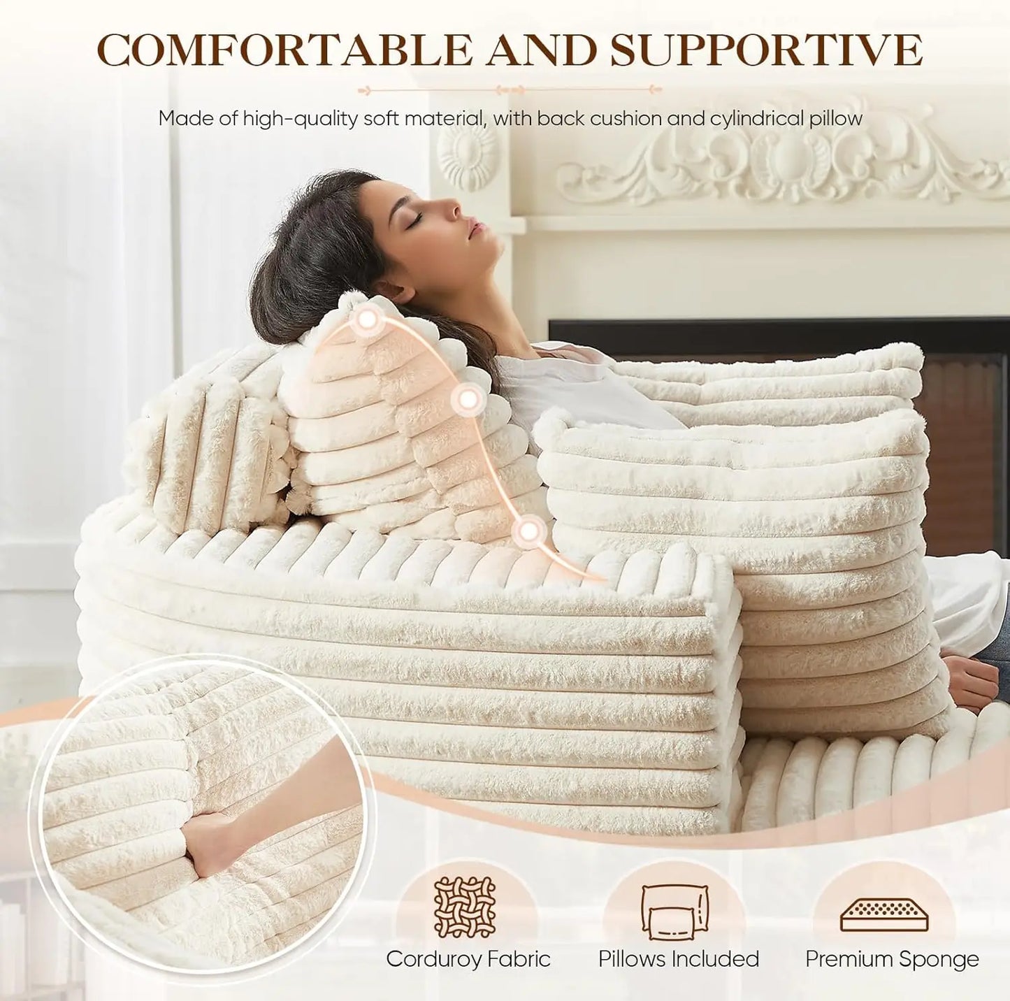 Oversized Round Chaise Lounge Chair Corduroy Deep Seat