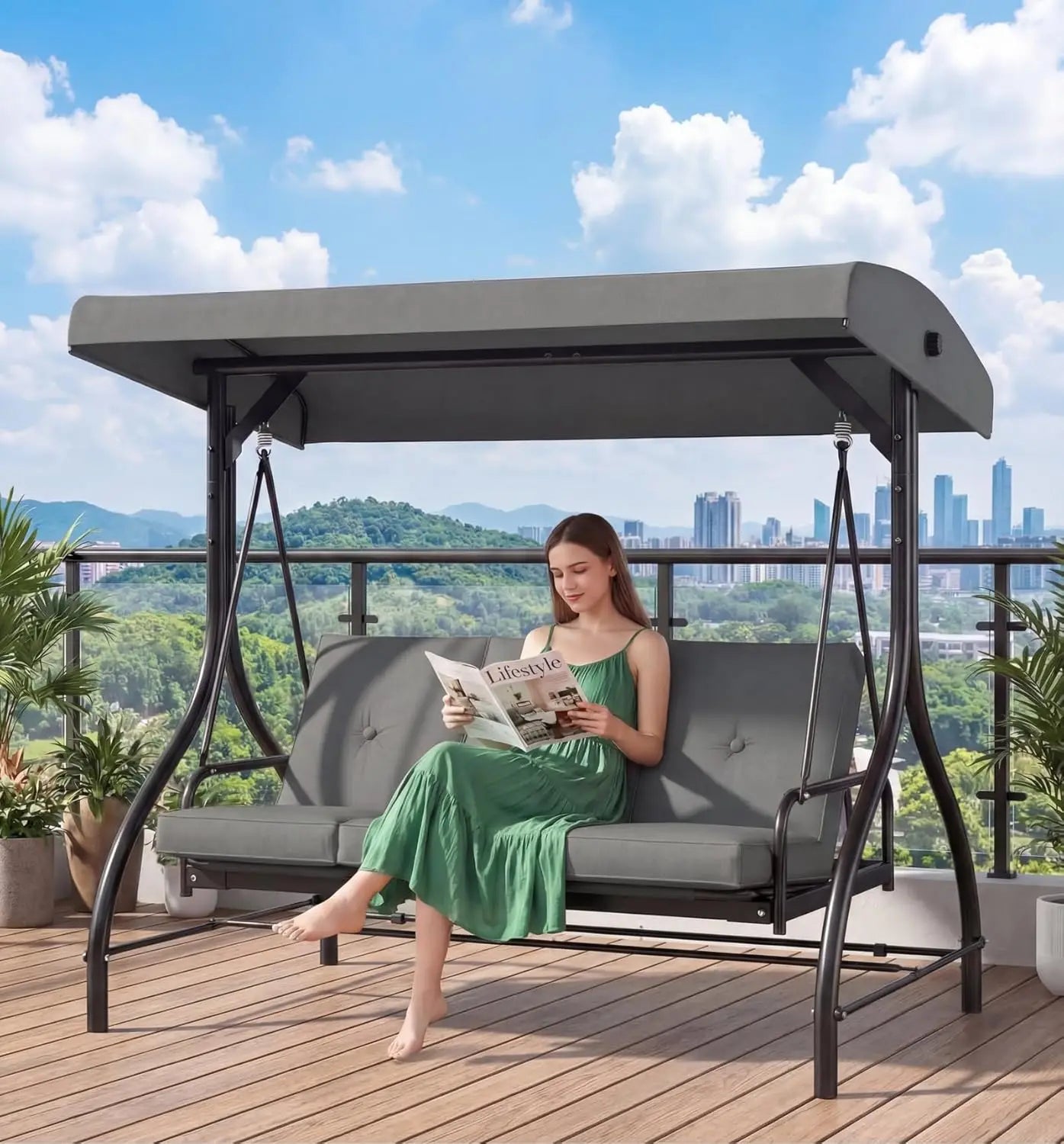 Three Seat Patio Swing With Adjustable Canopy And Backrest For Outdoor Use