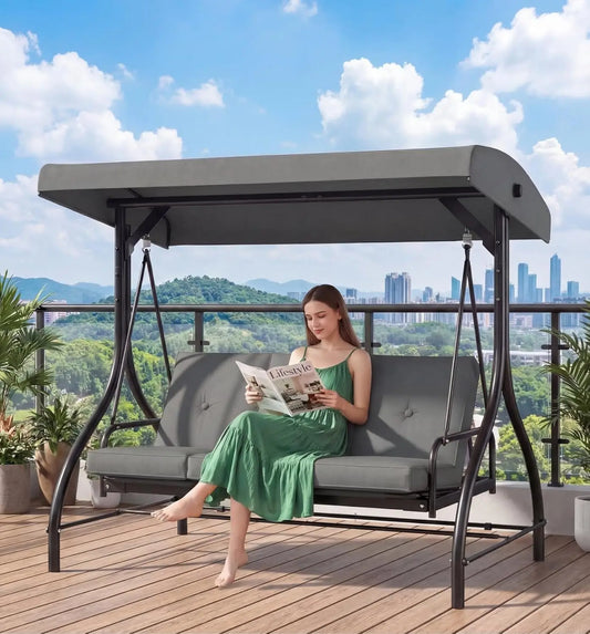 Three Seat Patio Swing With Adjustable Canopy And Backrest For Outdoor Use