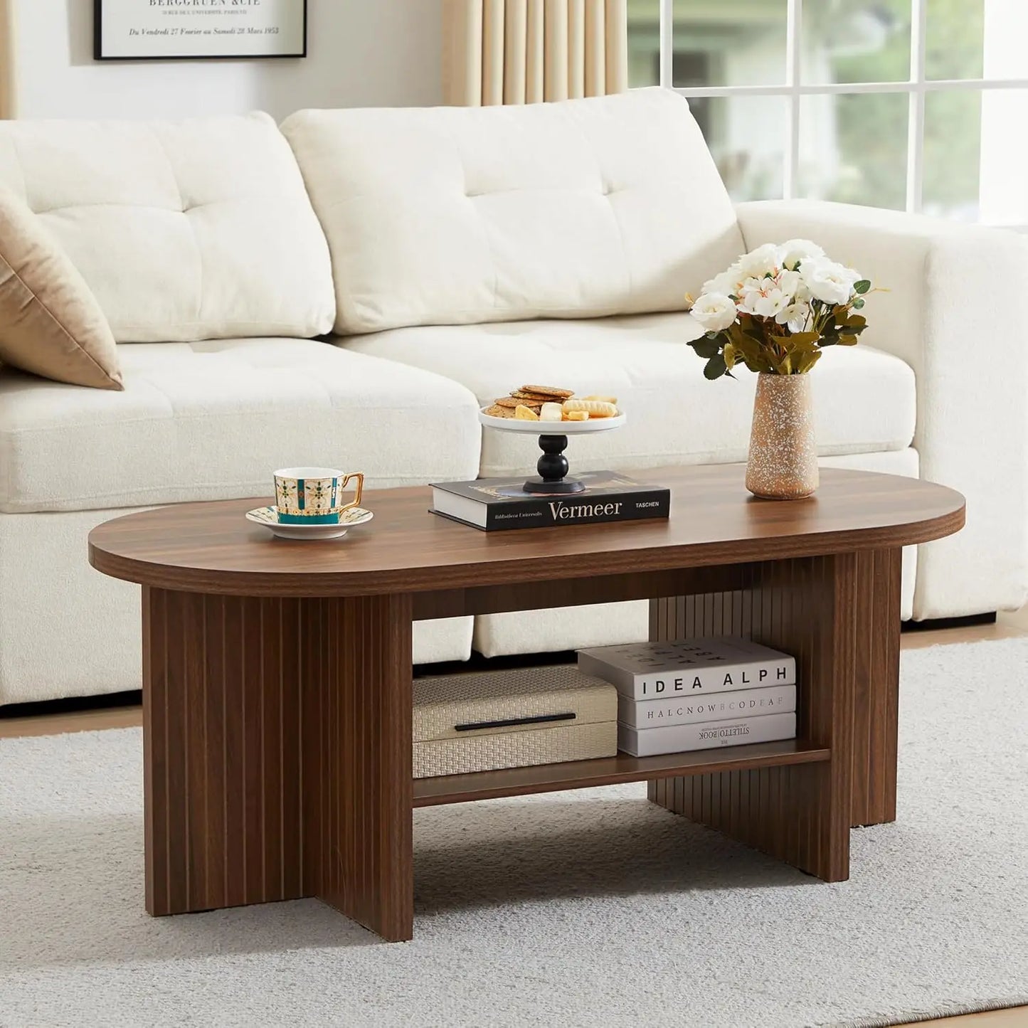 Oval Minimalist Farmhouse Coffee Table With Storage