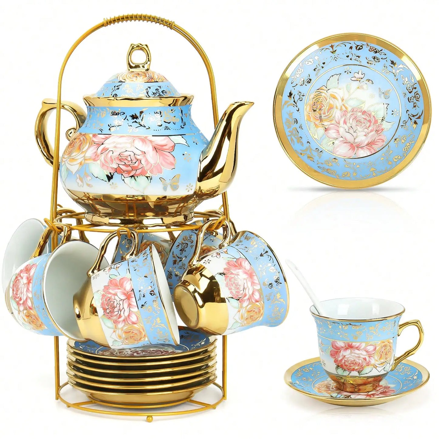 Porcelain Tea Set With Metal Holder And Gold Floral Pattern