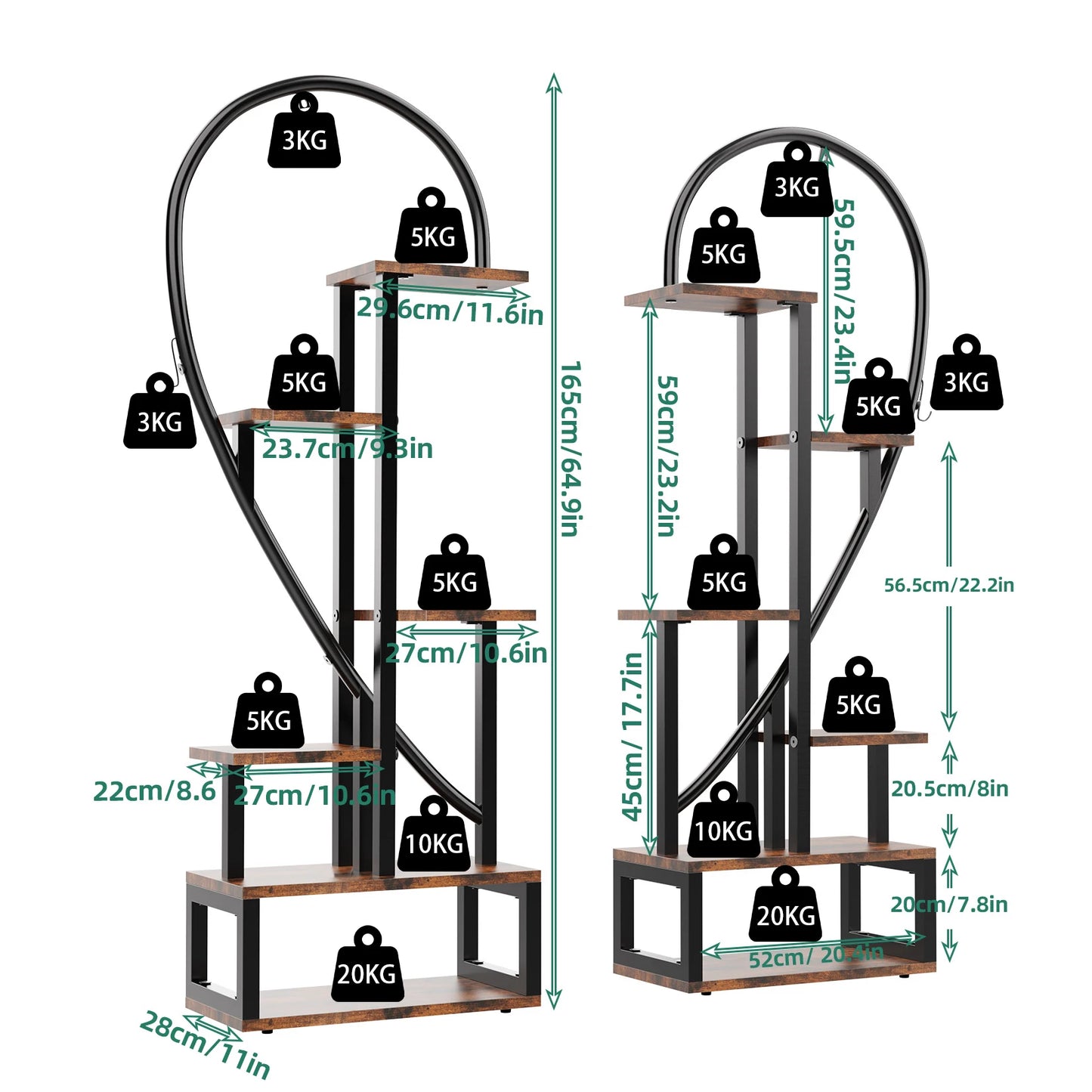Half Heart Plant Stand With Hooks 6-Tier Flower Shelf