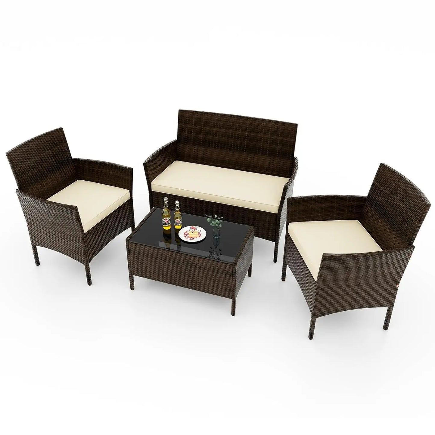 Rattan Outdoor Patio Conversation Set With Cushions And Glass Coffee Table