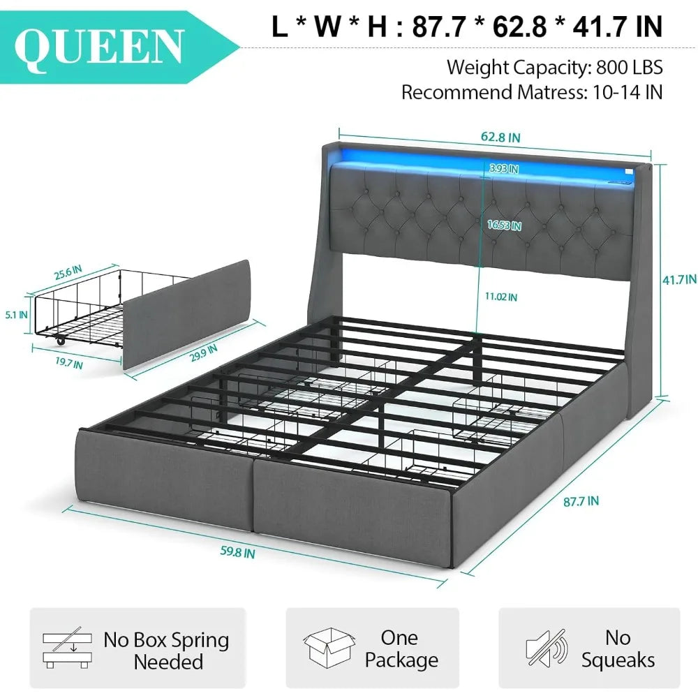 Bed Frame With Storage Drawers And Led Lights Upholstered Headboard