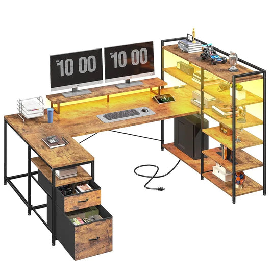 L Shaped Desk With Monitor Stand And Storage Shelves