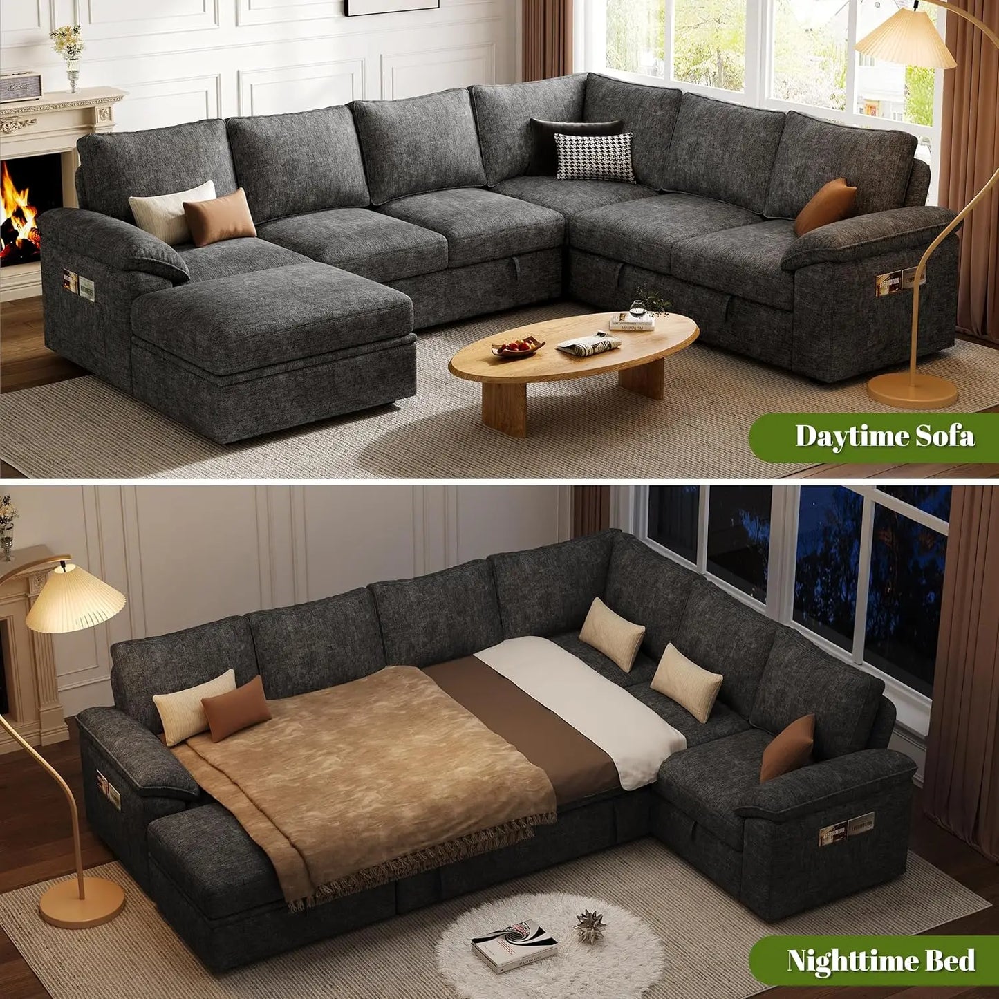 Modular U Shaped Sectional Sleeper Sofa With Storage