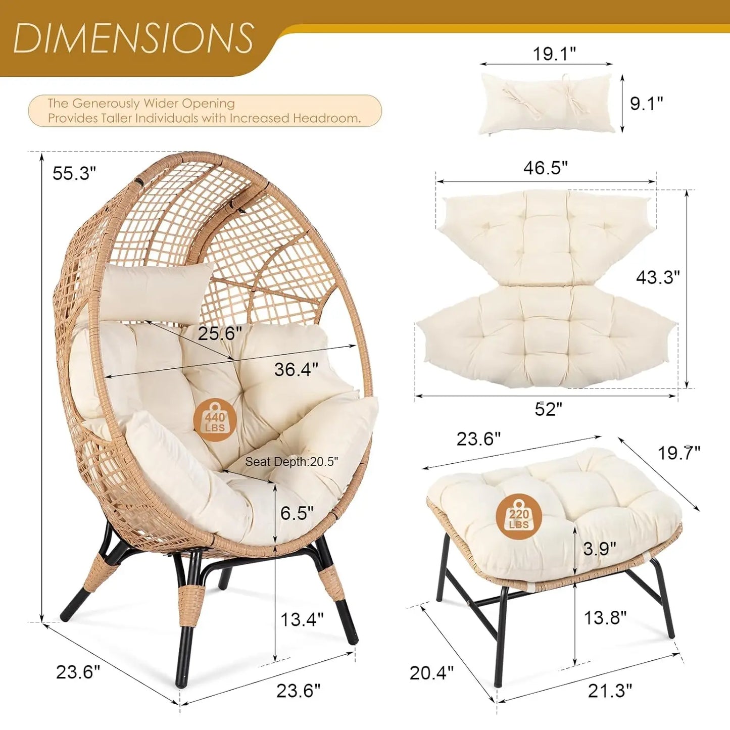 Indoor Outdoor Egg Chair With Ottoman Cushioned Lounge For Patio