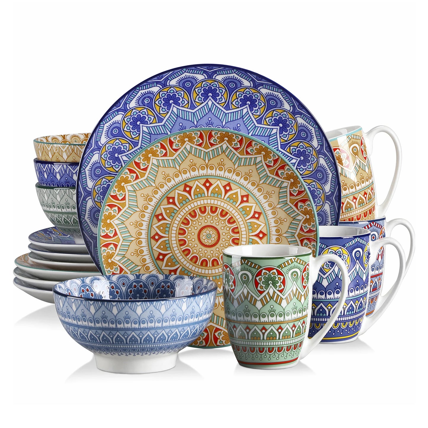 MALACASA Bohemian Mandala Ceramic Dinnerware Set With Plates Bowls Mugs