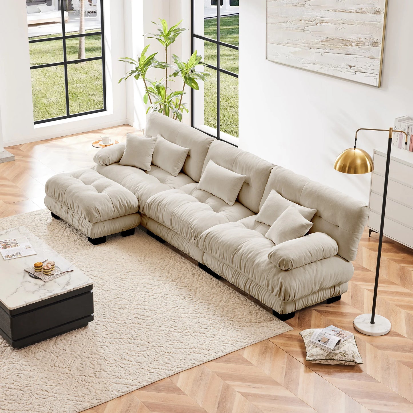 Chenille Modular Sectional Sofa Couch With Ottomans