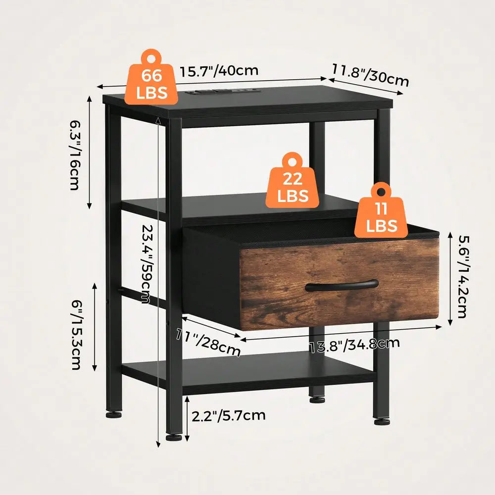 Nightstand With Charging Station And Fabric Drawer Bedside Table