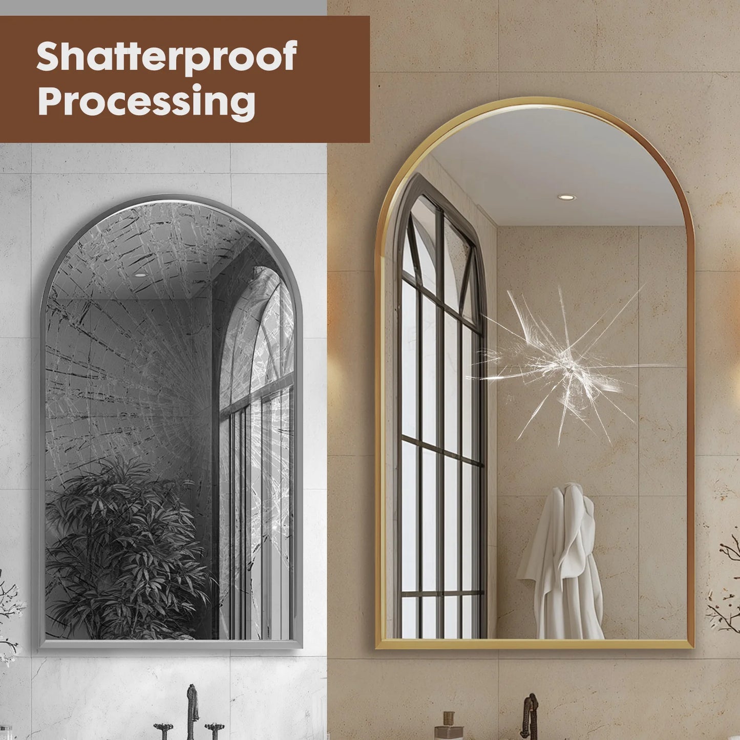 JHK Arched Metal Framed Wall Mirror For Bathroom Decor