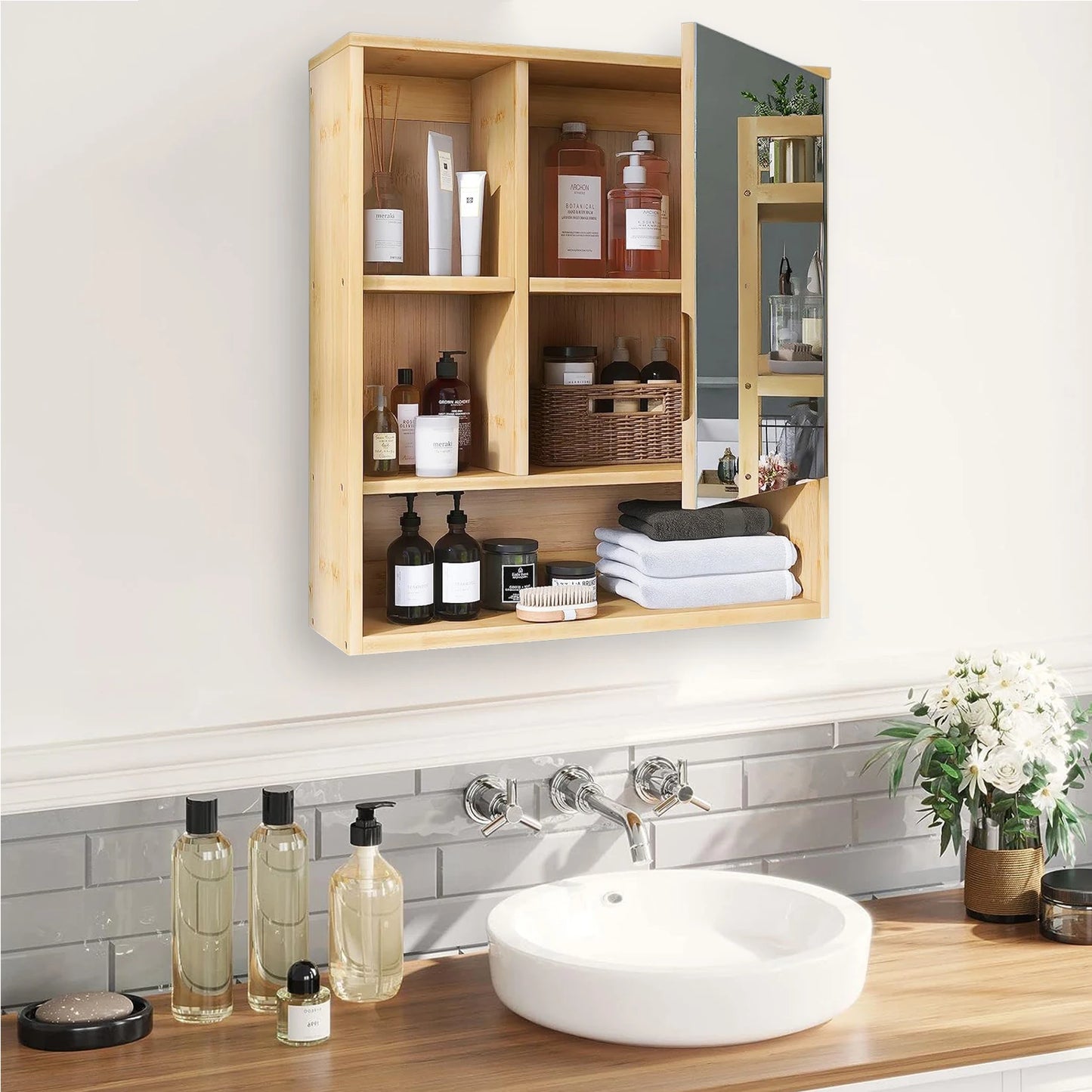 Wall Mounted Bamboo Medicine Cabinet Five Shelves Bathroom Vanity Mirror