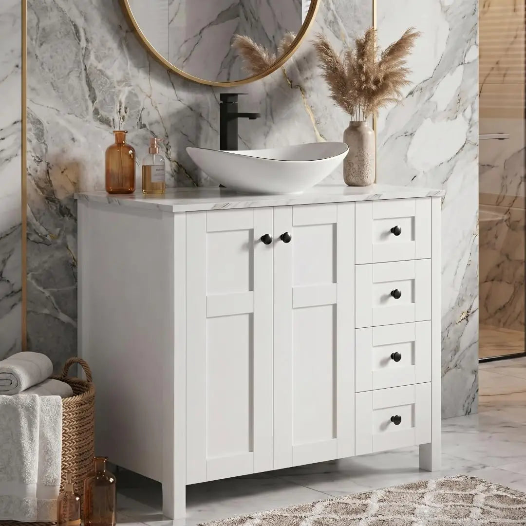 Minimalist Bathroom Vanity With Marble Texture And Ceramic Sink