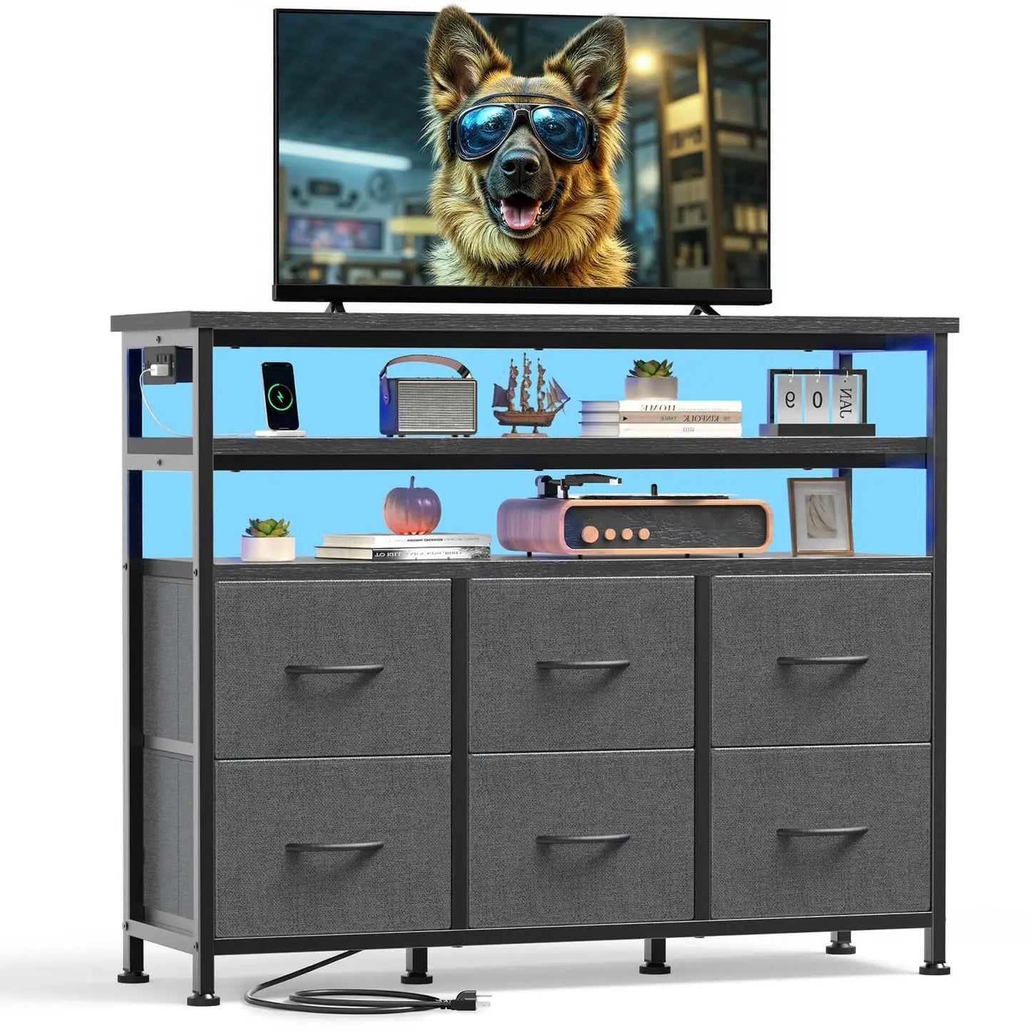JHK TV Stand Dresser With Six Fabric Drawers Wood Top Living Room Console