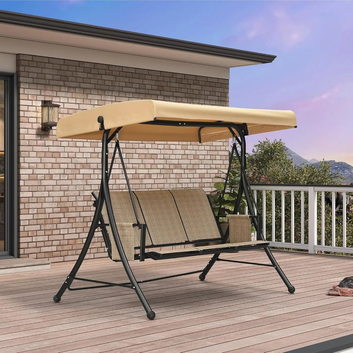 Porch Swing With Tilt Canopy Steel Frame 3 Seat Outdoor
