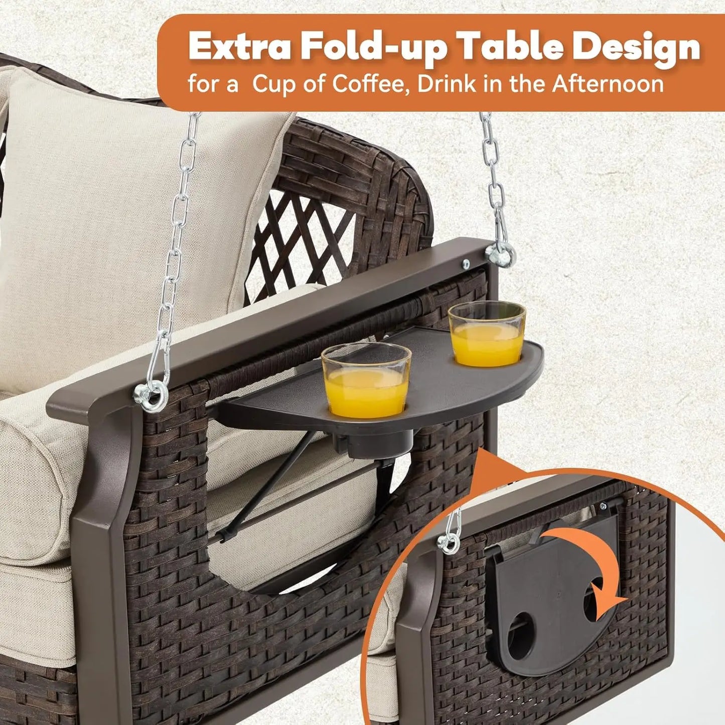 Wicker Porch Swing With Cup Holders And Cushions For Patio