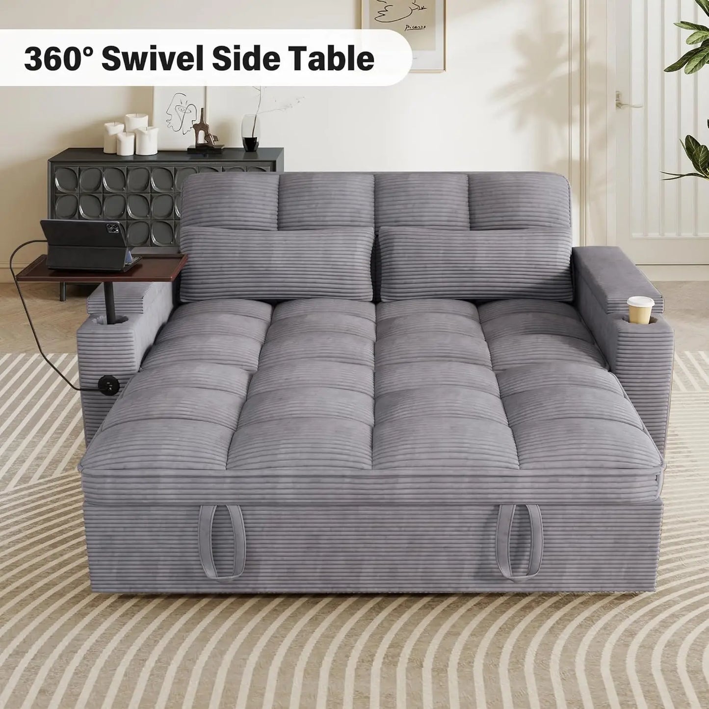 Sleeper Sofa With Pull Out Bed And Storage Armrests Corduroy
