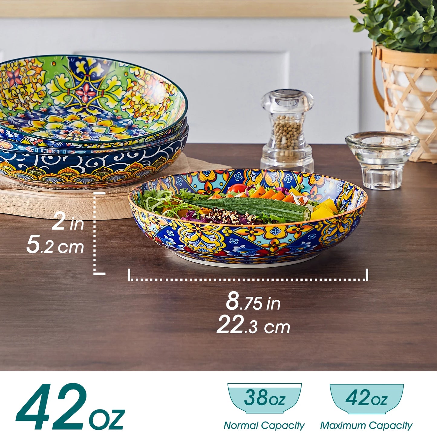 Malacasa Ceramic Pasta Bowls Floral Pattern Oven and Dishwasher Safe