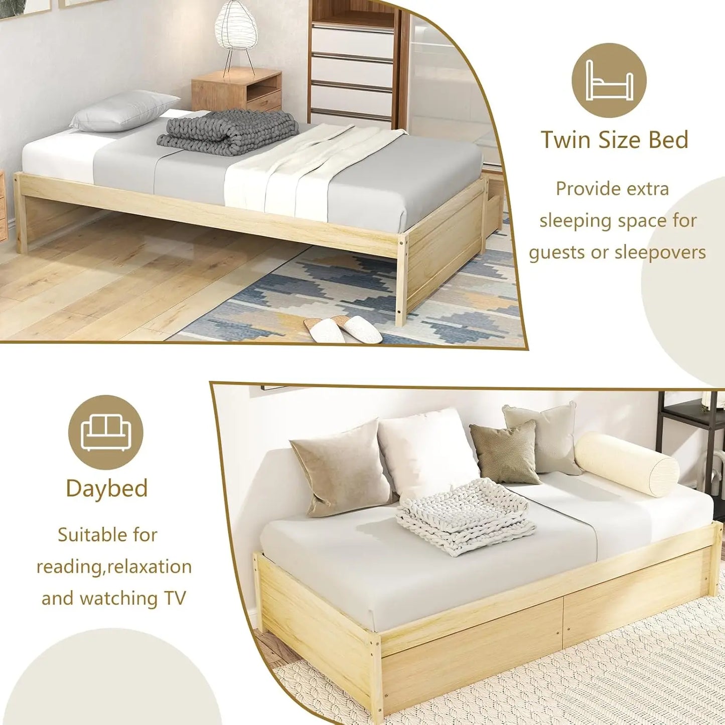 Folded Platform Bed Frame With 2 Storage Drawers, Solid Wood Slats