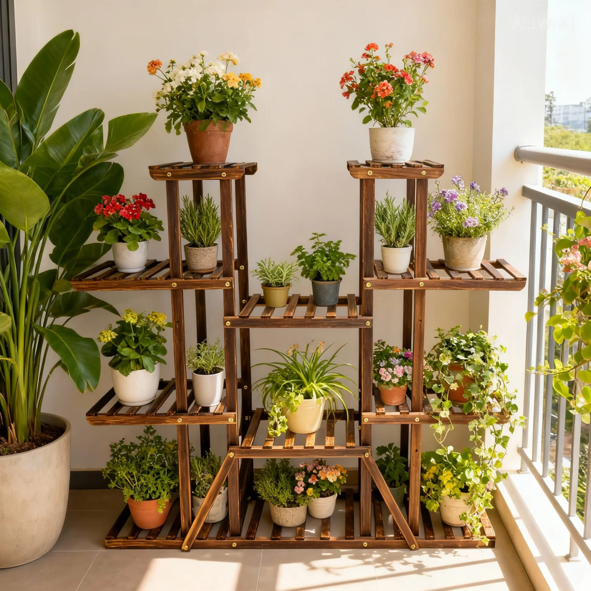 Eleven Tiered Wooden Plant Stand For Indoor And Outdoor Garden