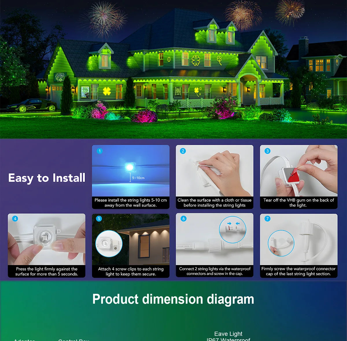 MIMIRGB Outdoor Eaves LED Light String Strip With App Control