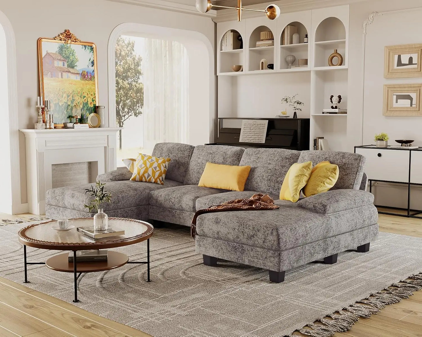 U-Shaped Sectional Sofa Set in Linen Fabric for Living Room