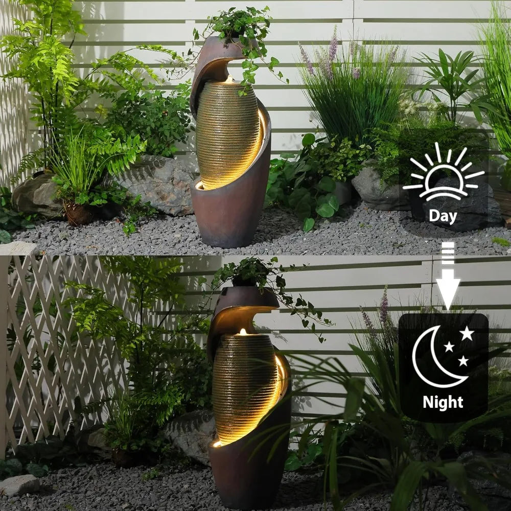 Curved Spiral Outdoor Fountain With LED Light Planter Bowl
