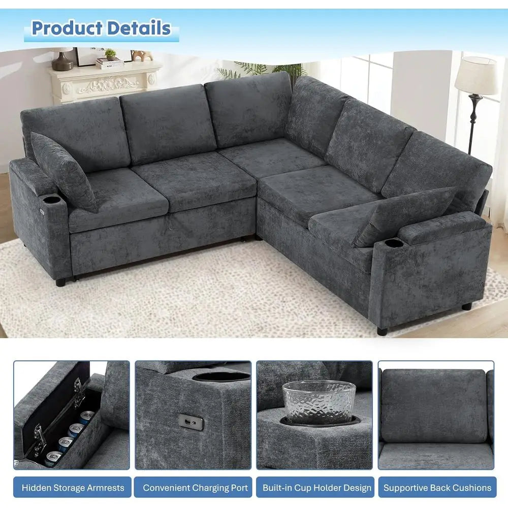 Chenille Reversible Sectional Sofa With Pull Out Bed And USB