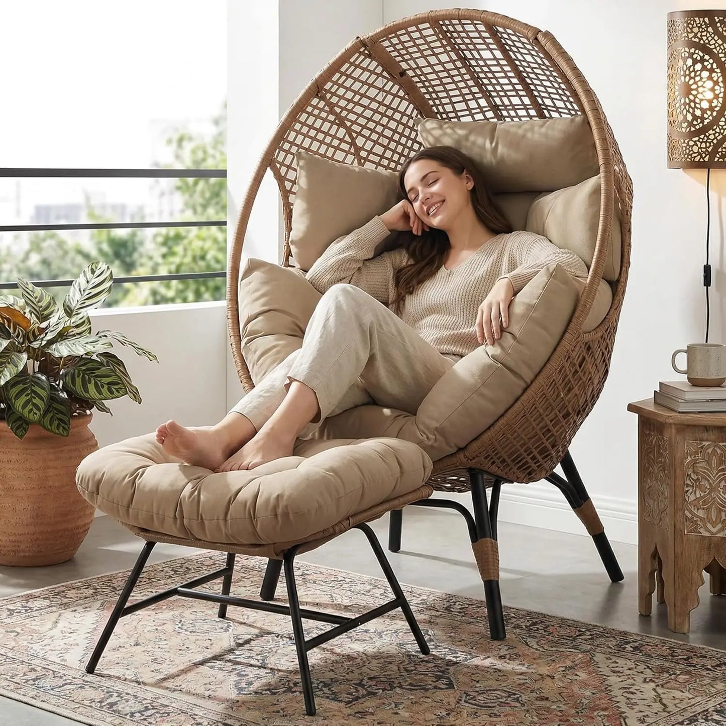 Indoor Outdoor Egg Chair With Ottoman Cushioned Lounge For Patio