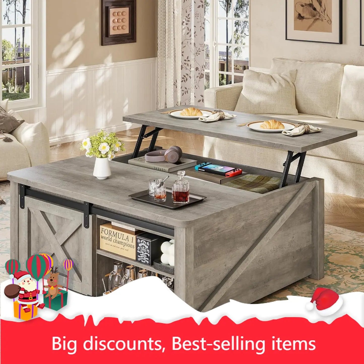 Lift Top Farmhouse Coffee Table With Hidden Storage