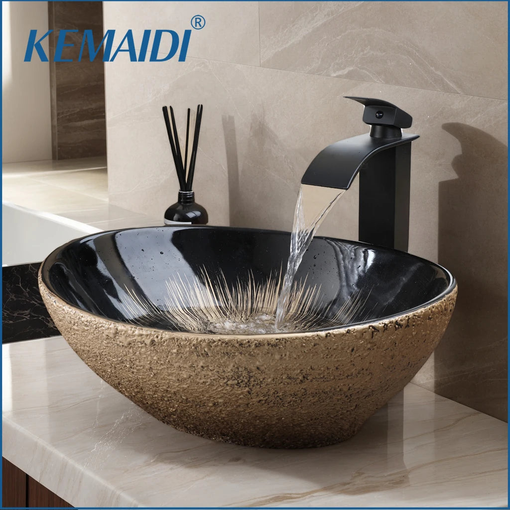 Mekhala Oval Vessel Sink With Faucet Marble Pattern Ceramic Vessel Sink