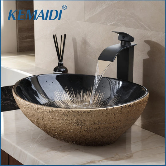Mekhala Oval Vessel Sink With Faucet Marble Pattern Ceramic Vessel Sink
