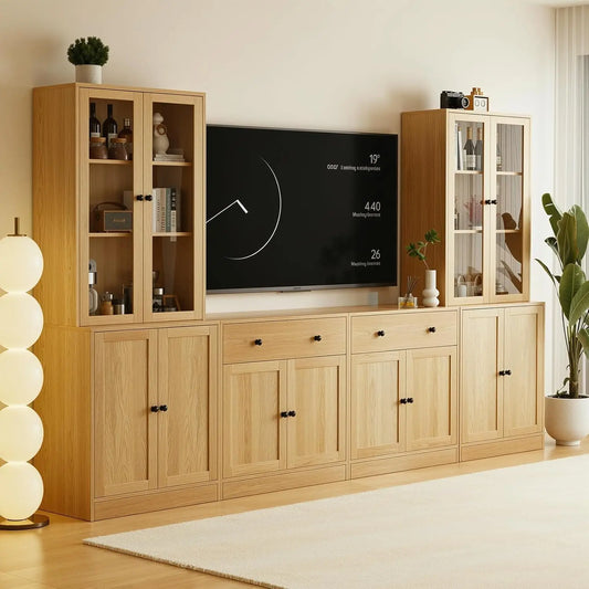 Wood TV Stand Media Console With Glass Doors And Drawers