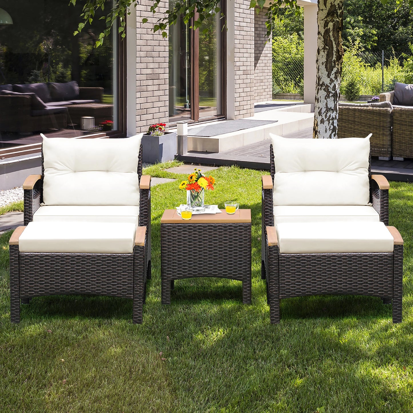 HOMASIS Patio Rattan Sofa Set With Wood Top Table Outdoor