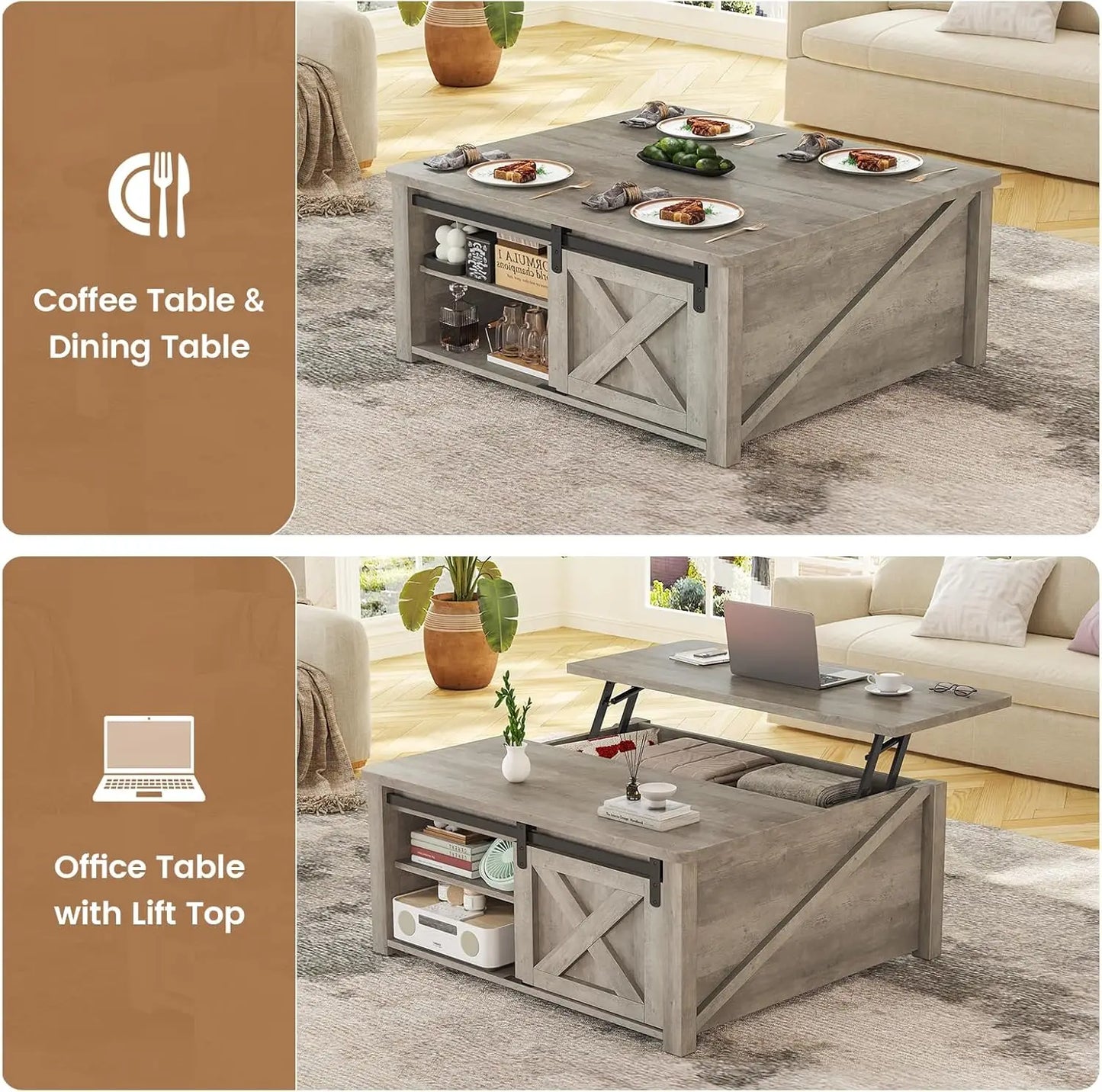 Lift Top Farmhouse Coffee Table With Hidden Storage