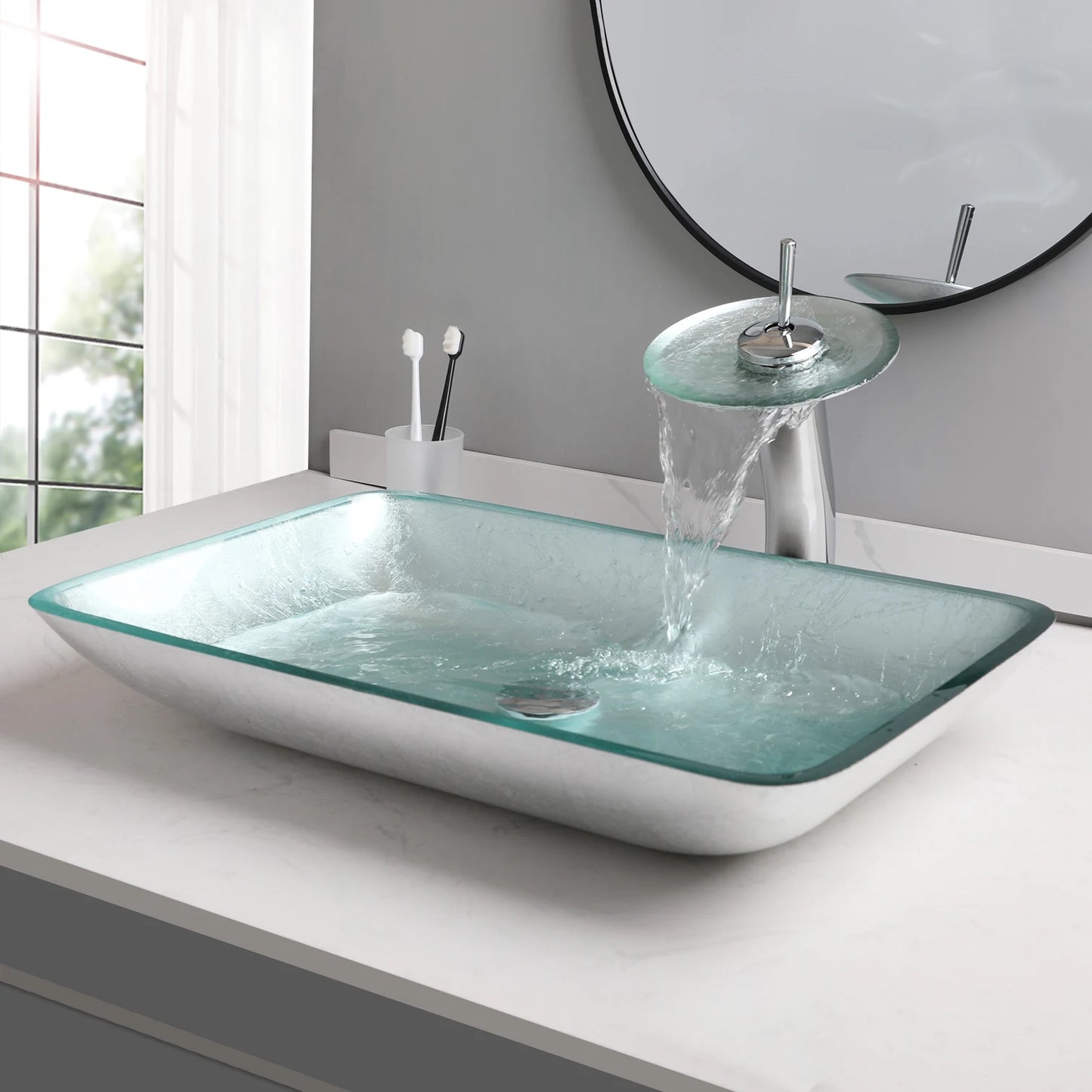 YANKSMART Tempered Glass Basin Sink Vessel With Faucet Set