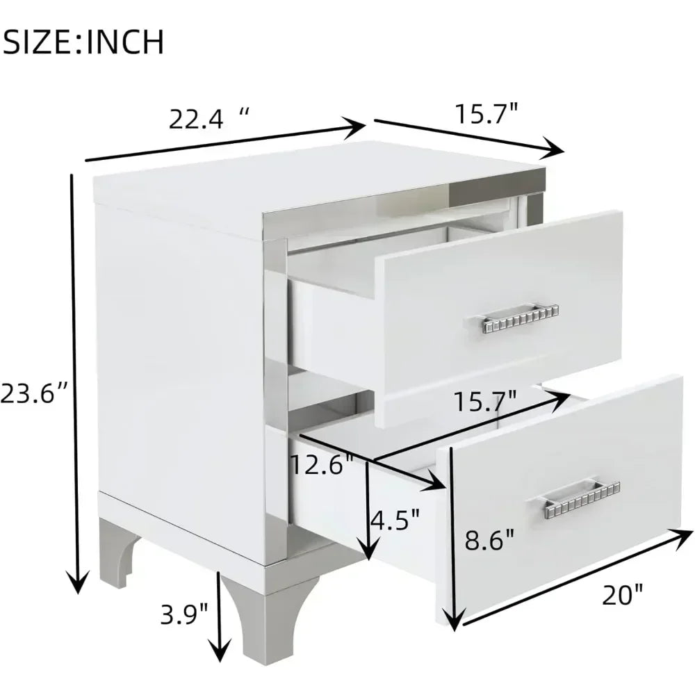 Elegant White High Gloss Mirrored Nightstand With 2 Drawers And Metal Handles