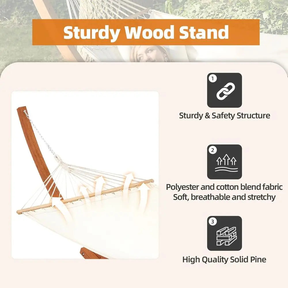 Heavy Duty Double Hammock With Wooden Stand For Outdoor Living
