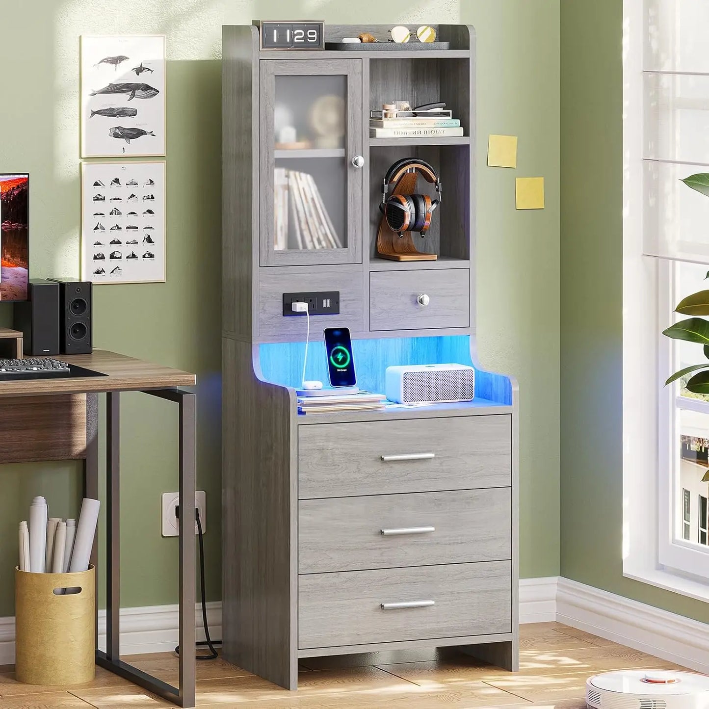 Frame Nightstand Set Of 2 With Charging Station And Bookshelf