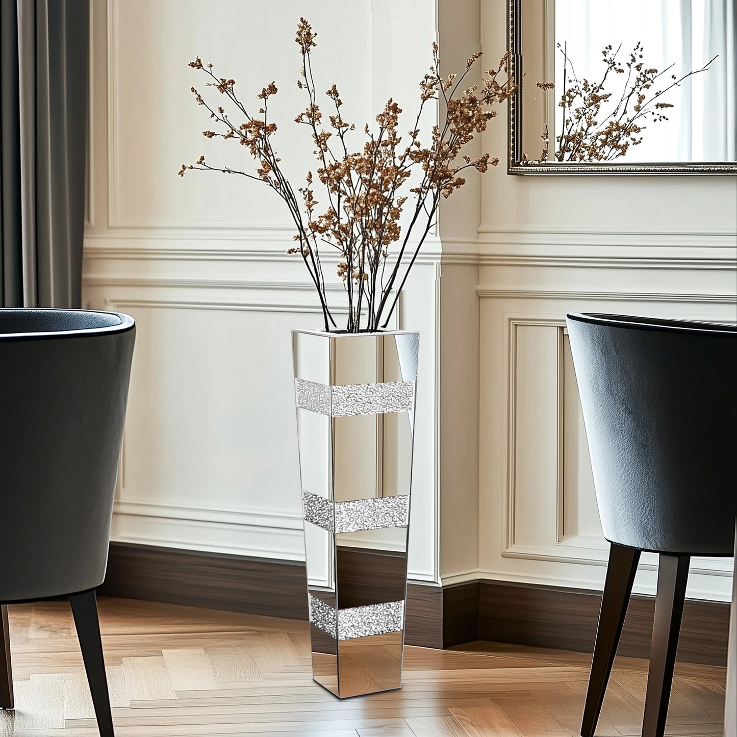 Mirrored Crystal Glass Tall Floor Vase With Diamond Accents Decor