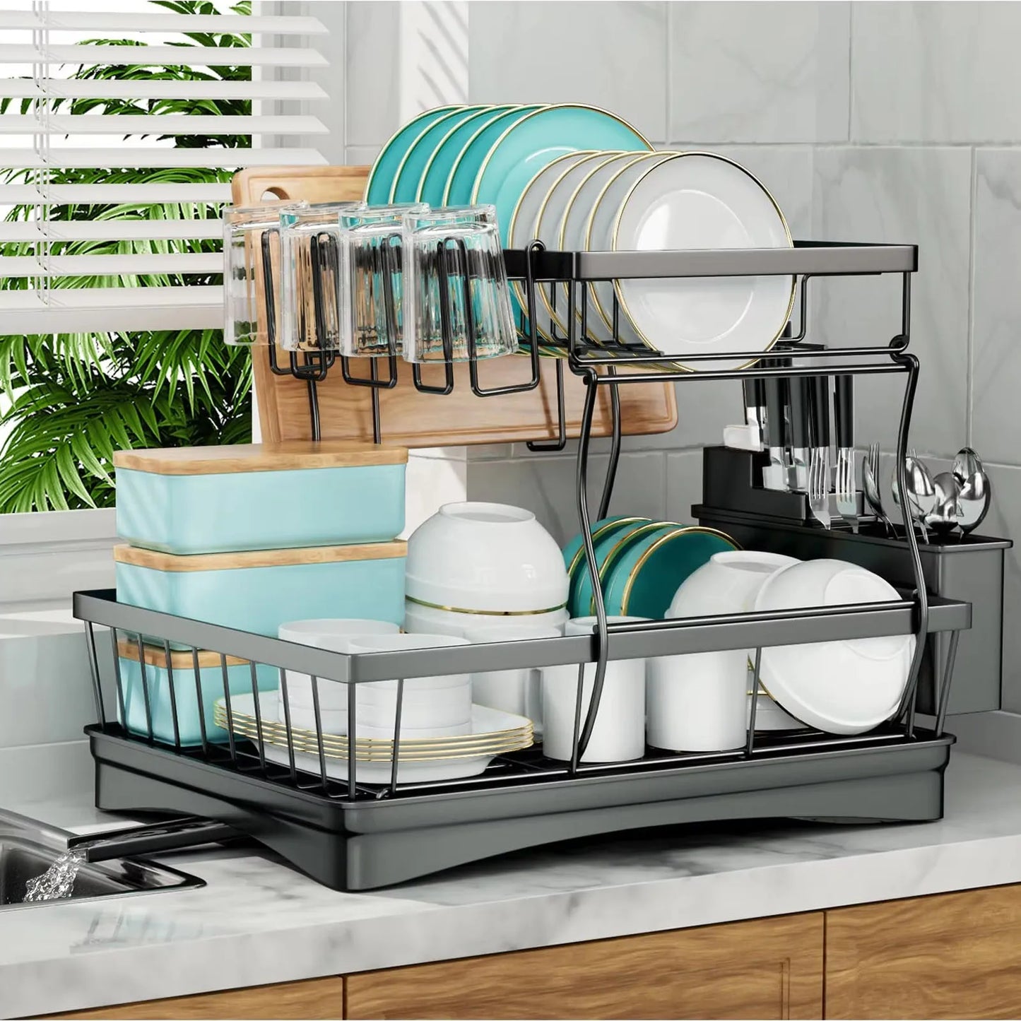 Removable Two Tier Dish Drying Rack for Kitchen Countertop