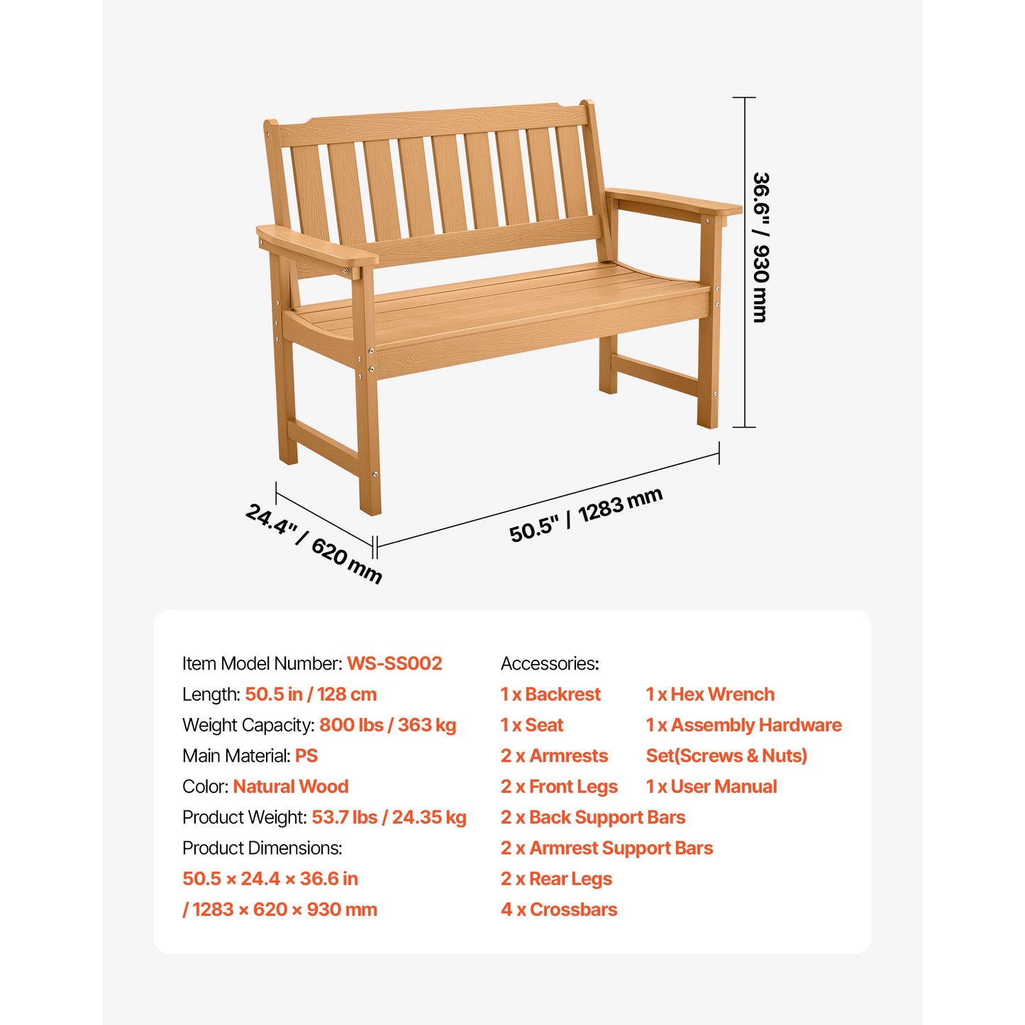 SucceBuy Outdoor Wood Metal Garden Bench 480 Lb Capacity