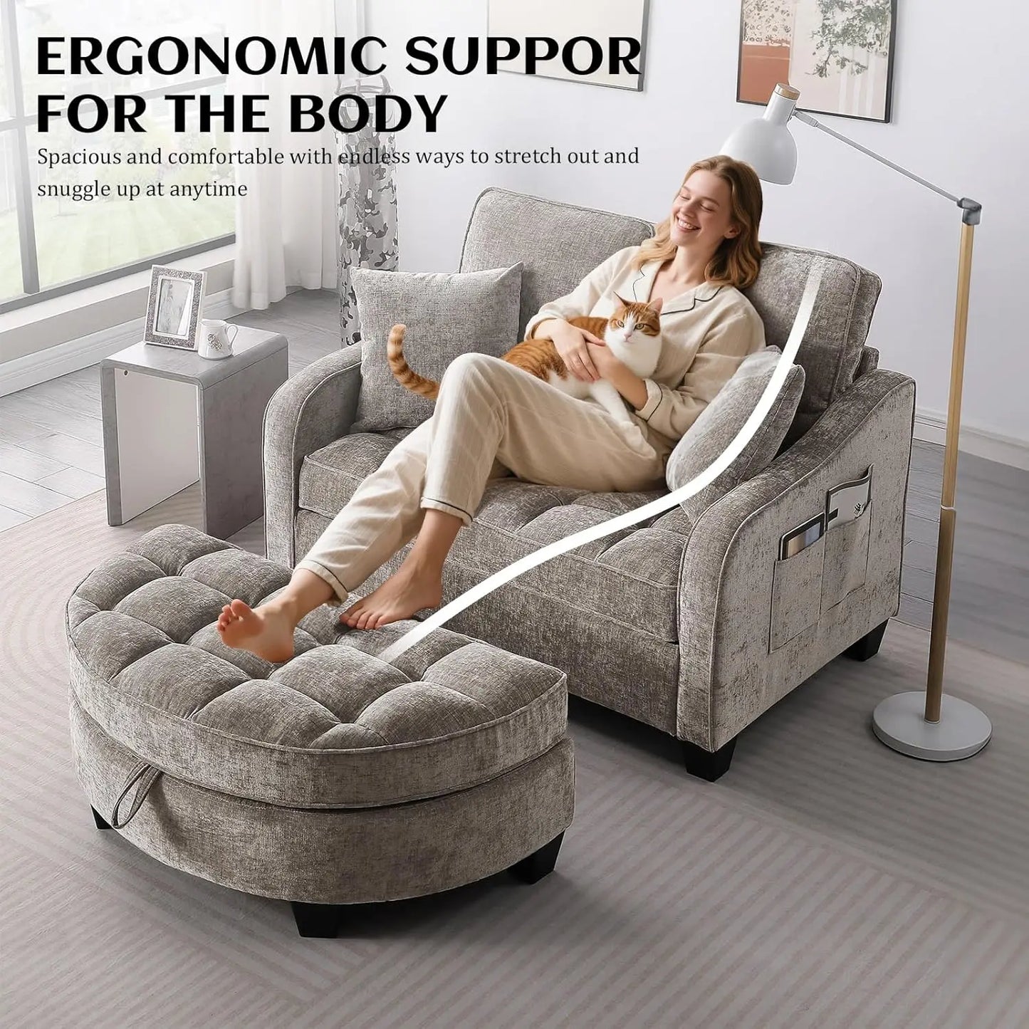 Oversized Curved Chaise Lounge Chair With Ottoman Indoor Soft Chenille