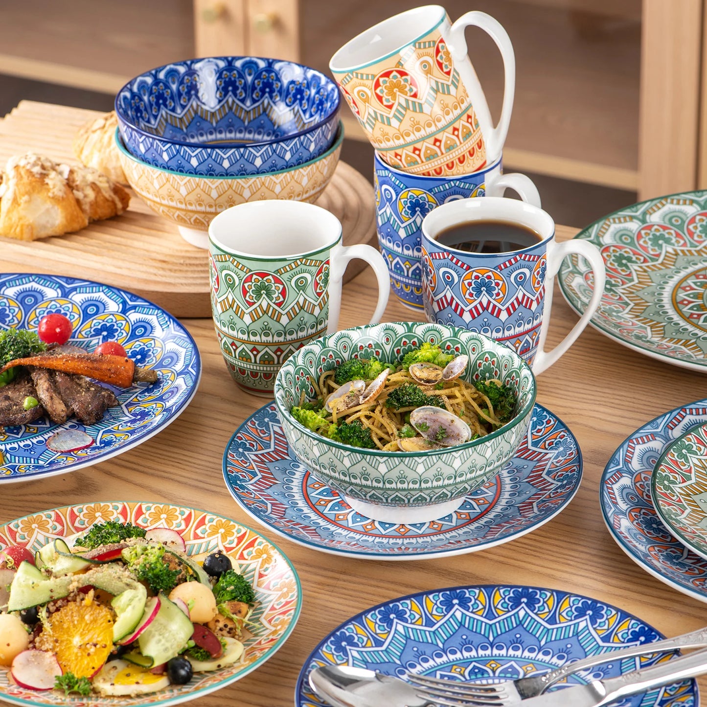 MALACASA Bohemian Mandala Ceramic Dinnerware Set With Plates Bowls Mugs