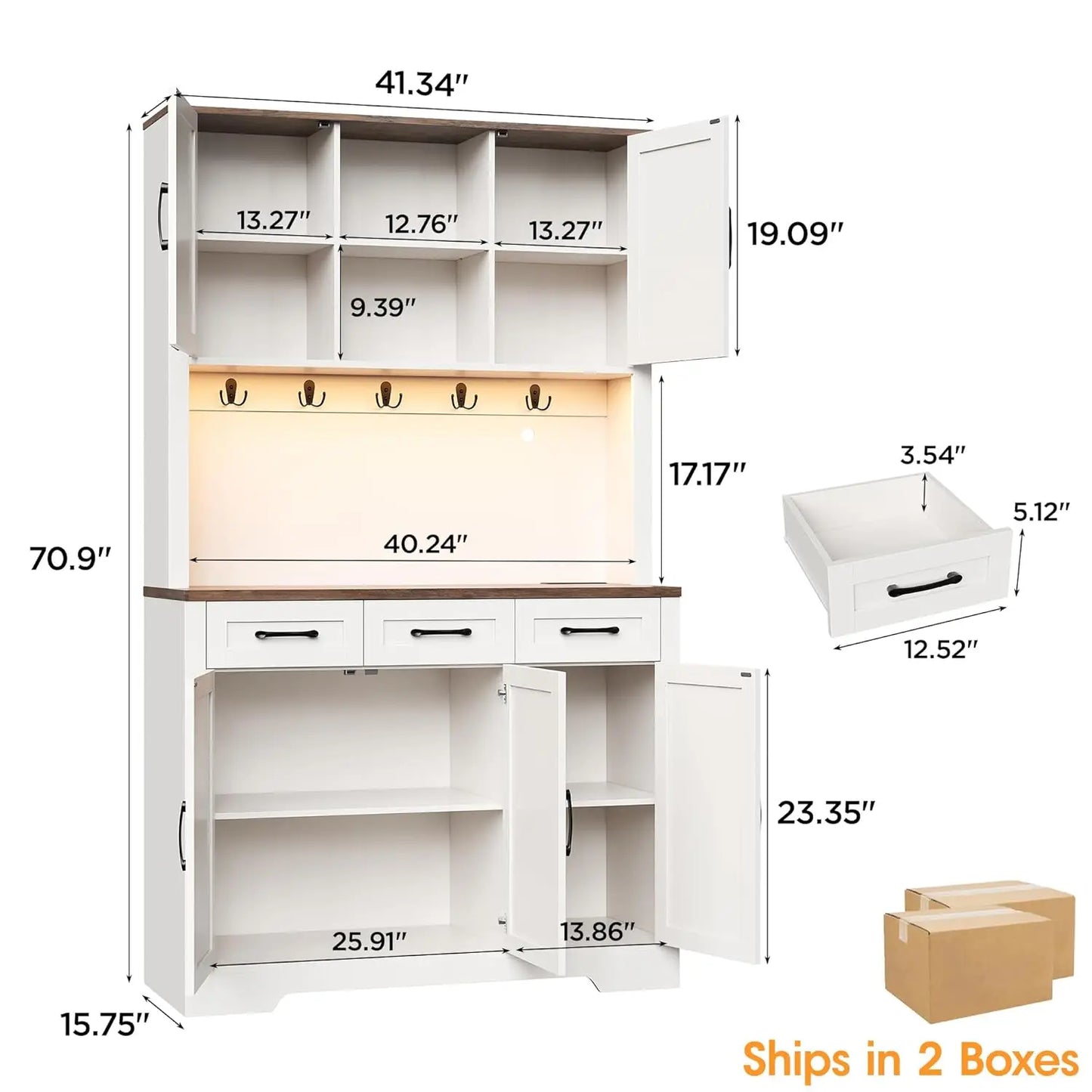 Tall Farmhouse Pantry Cabinet With LED Light And Charging Station