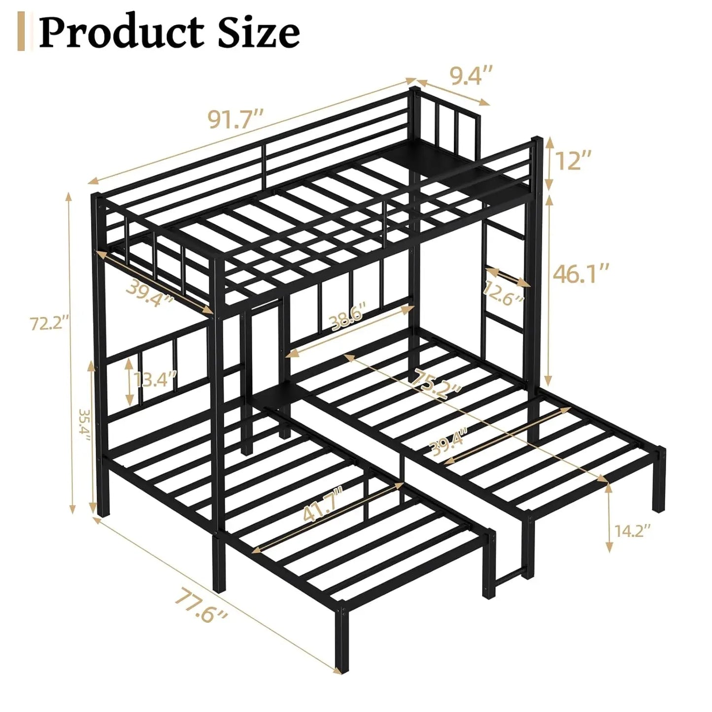 Triple Bunk Bed Metal Frame Twin Over Twin Over Twin With Guardrails