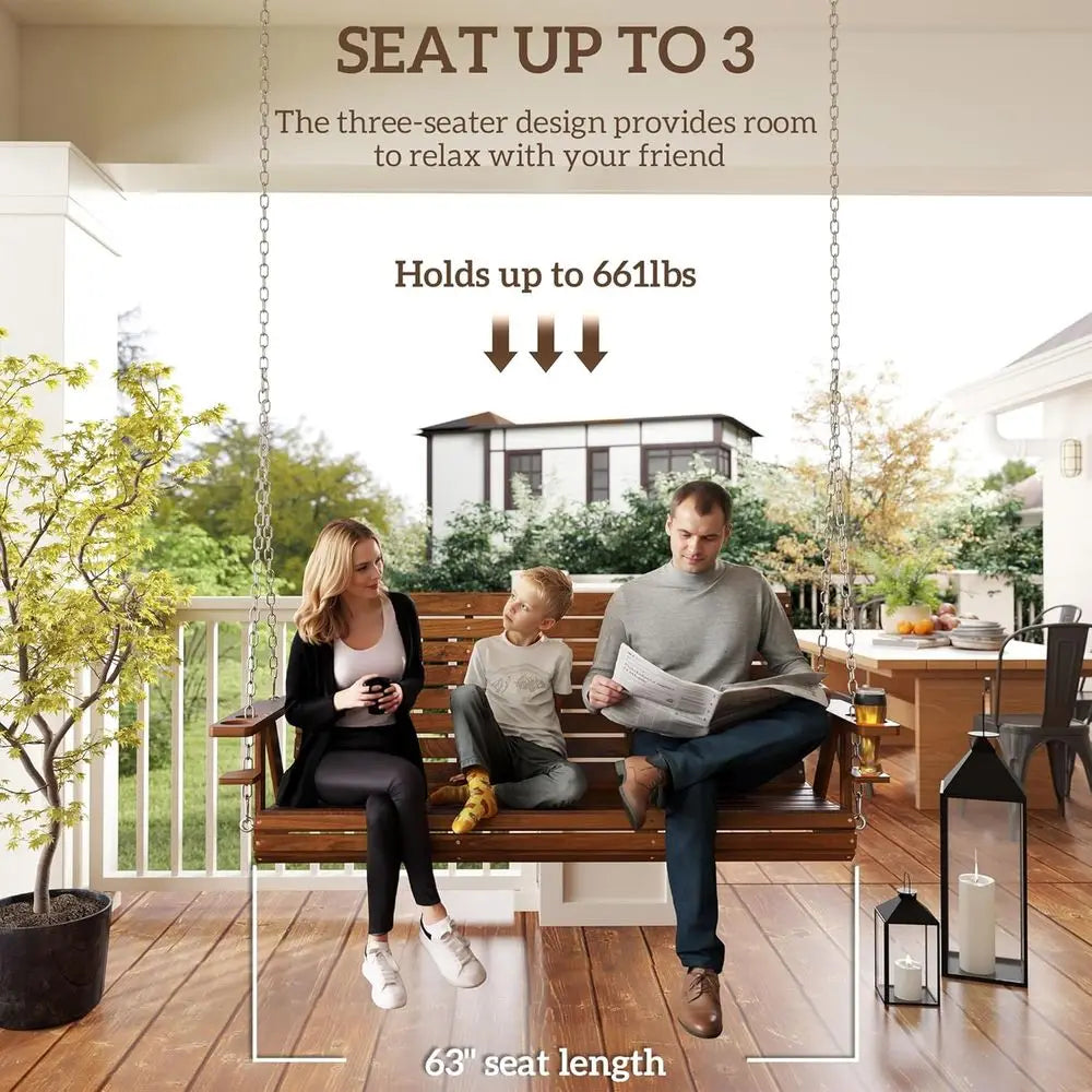 Outdoor Porch Swing With Cup Holders Patio Bench Carbonized Wood